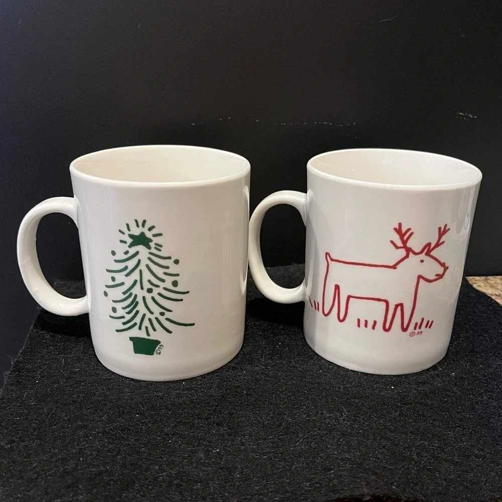 Crate&Barrel Christmas Tree and Reindeer Holiday Mug Set by Trish Richman 16 oz.